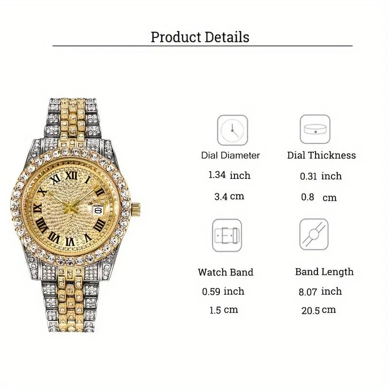 Mens Hip Hop Watch VintagInspired Retro Quartz Timepiece with Oversized Rhinestone Dial and Durable Stainless Steel Band for Men