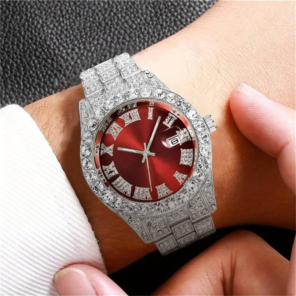 Mens Hip Hop Watch VintagInspired Retro Quartz Timepiece with Oversized Rhinestone Dial and Durable Stainless Steel Band for Men