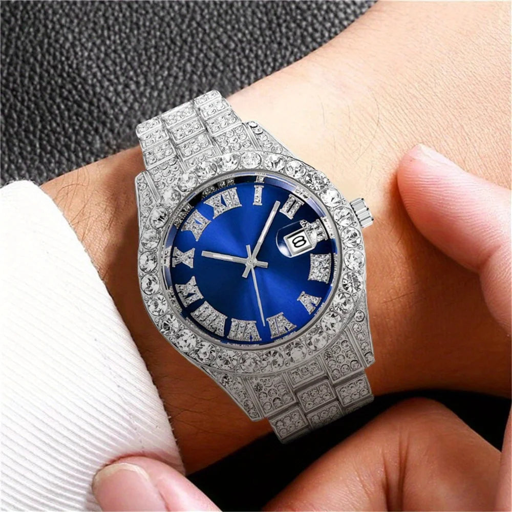 Mens Hip Hop Watch VintagInspired Retro Quartz Timepiece with Oversized Rhinestone Dial and Durable Stainless Steel Band for Men